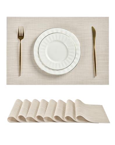 Leetaltree Beige White Placemats Set of 8 - Heat Resistant Non-Slip Place mats for Dining Table, Washable Durable PVC Vinyl Woven Table Mats(Beige White, 8)