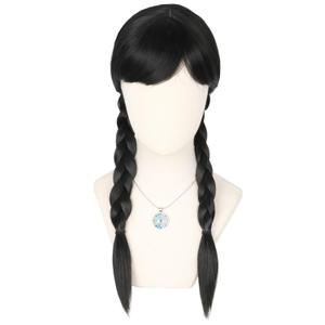 Kids Girls Wednesday Wig Black Long Straight With 2 Braids Halloween Costume Wigs