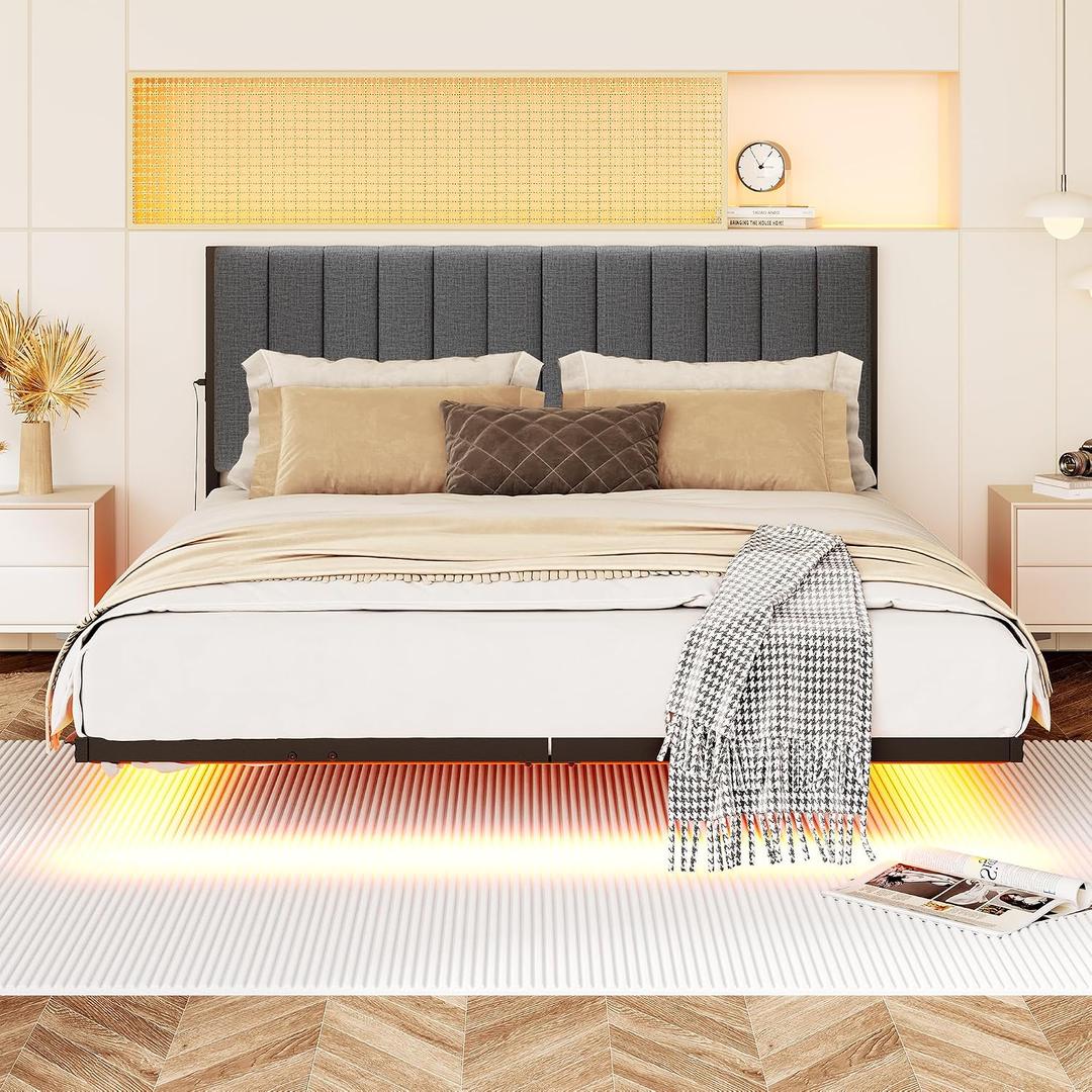 Floating Full Bed Frame with LED Lights & Charging Port,Metal Platform Bed Frame Full Size with Headboard,No Box Spring Needed,Easy to Assemblely,Noise Free,Heavy Duty Black Bed Frame