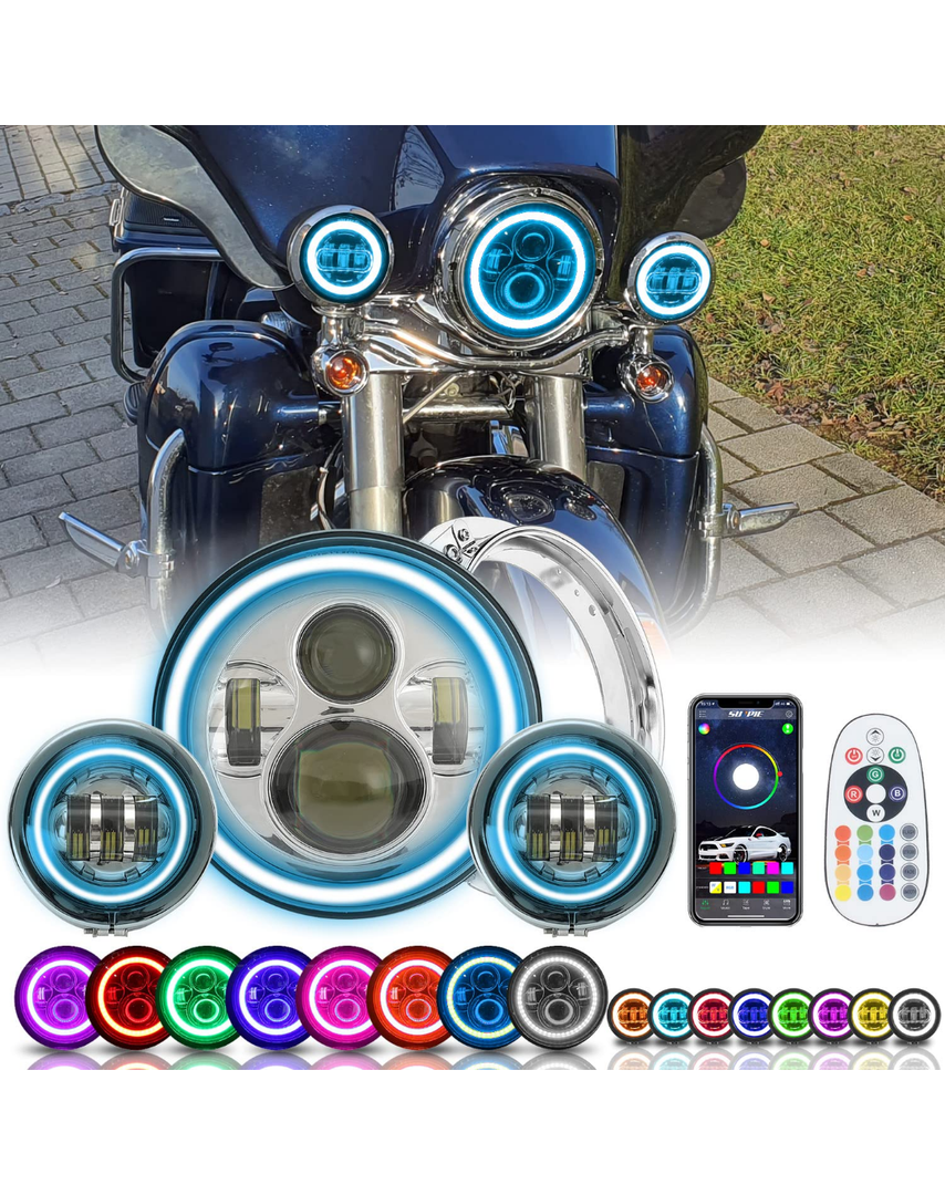 SUNPIE Compatible with H_arley Motorcycles 7 inch RGBW Halo Head light RGBW Fog Lights with Mounting Bracket App Remote Control