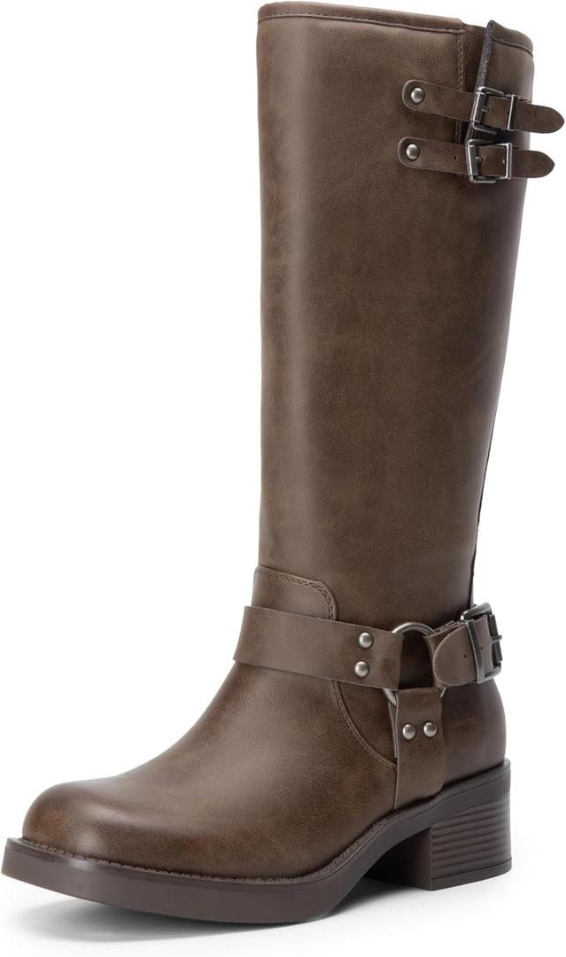 DREAM PAIRS Women's Knee High Boots Side Zipper Motorcycle Boots Square Toe Chunky Low Heel Fashion Buckles Biker Riding Boots (8.5, Brown-nubuck)