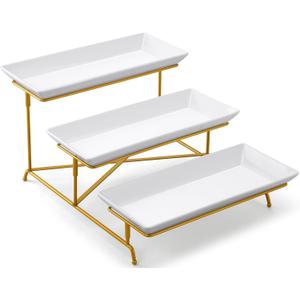 Yedio 3 Tier Serving Tray Set 14 Inch Porcelain Tiered Serving Platters, Collapsible Sturdier Stand with Stable Cross Bars, Three Layer Serving for Party Entertaining Food Display Fruit Dessert (15" x 13" x 9", Gold)