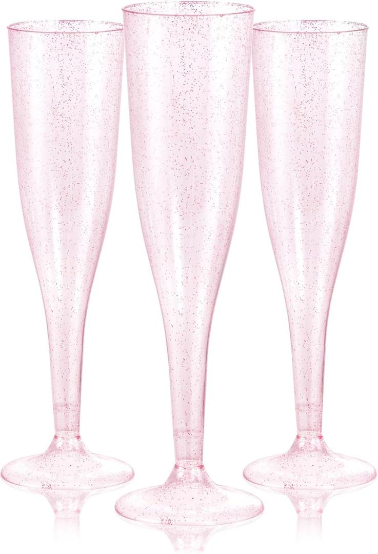 WDF 36 Pack Pink Glitter Plastic Champagne Flutes - 7OZ Disposable Pink Glasses Glitter Champagne Flutes Plastic for Party/Wedding/Birthday/Bridal Shower