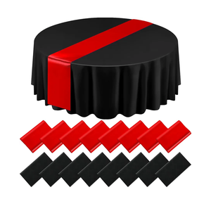Tudomro 16 Pcs Black and Red Round Plastic Tablecloth and Satin Table Runner Set 84 Inch Round Covers 12 x 108 Inch Table Runners for Christmas Wedding Birthday Party Baby Shower