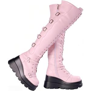 Gothniero Black Platform Boots Over Knee Thigh High Goth Boots for Women Chunky Heel Rave Motorcycle Boots with Buckles Side Zip Lace Boots 10, Light Pink