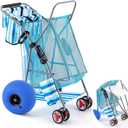 DoubleFill Foldable Beach Cart with 12 Inch Balloon Wheels for Sand, 100 lb Capacity Beach Wagon with Aluminum Frame, Removable Tote, Folding Sand Cart for Gear, Fishing, Camping(Blue,Striped)