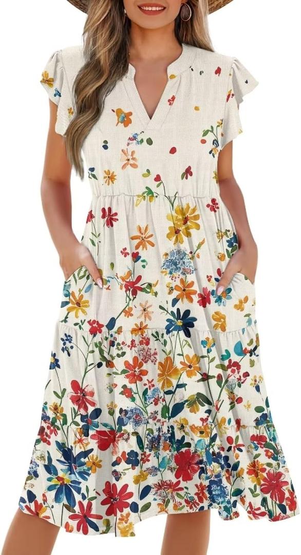 Women's Elegant Flowy Dress Casual Floral Sundress V-Neck Short Sleeve Dresses A-Lined Tiered Midi Dresses (Floral Butterfly Print, L)