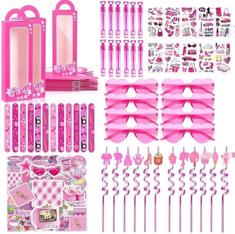 120 pieces of pink party gift pack, Goodie Box gift box contains heart-shaped glasses, straws, bubble sticks, tattoo stickers, bracelets, suitable for children and girls' birthday party decorations