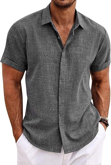 COOFANDY Men's Linen Shirts Short Sleeve Casual Shirts Button Down Shirt for Men Beach Summer Wedding Shirt Size XL