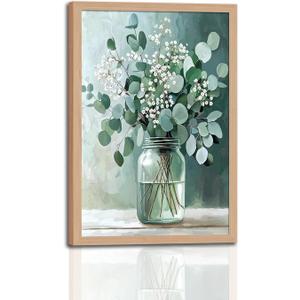 Framed Eucalyptus Floral Wall Art Canvas Print Green Botanical Mason Jar Flower Painting Poster Picture, Farmhouse Nature Artwork, Wrapped for Living Room Bedroom Bathroom Decor16x24in