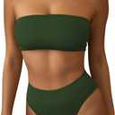 Pink Queen Women's Ribbed High Waisted Bikini Set Removable Strap Bandeau Swimsuit (M)