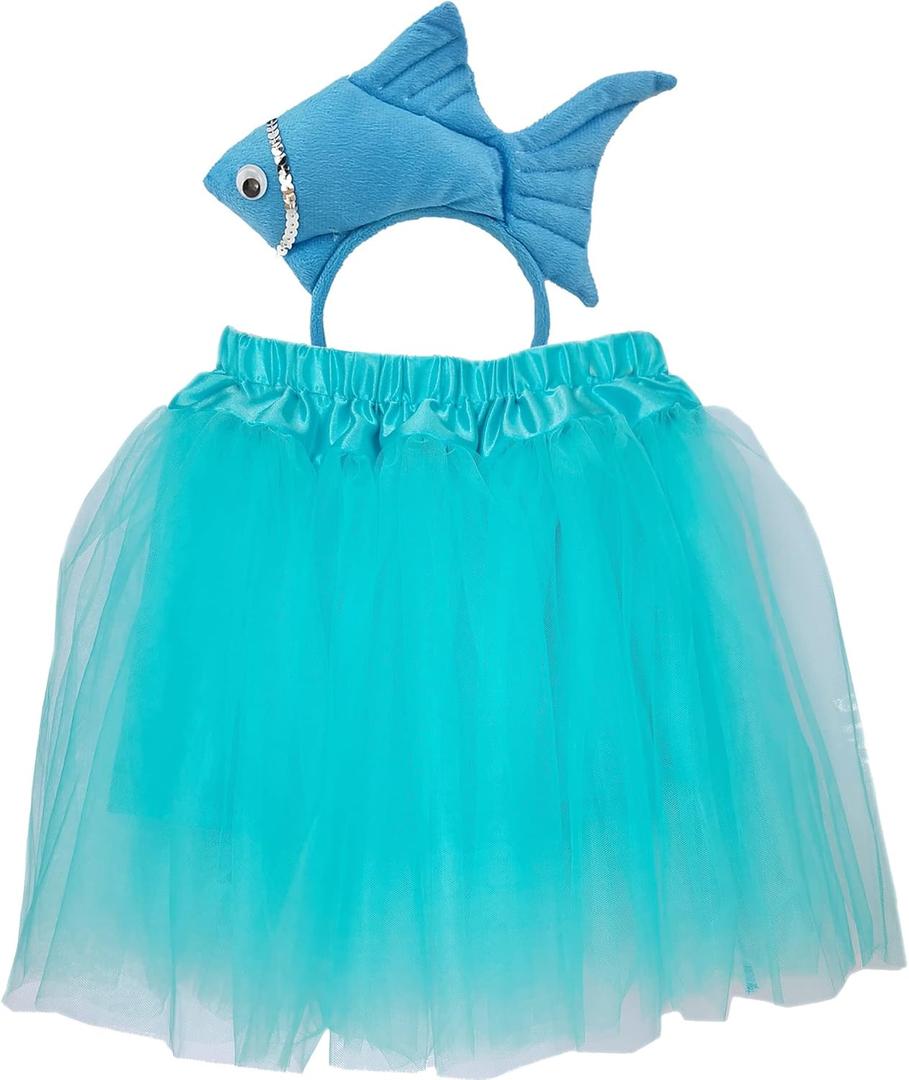 2 Pieces Fish Goldfish Marine Life Sea Animal Costume Headband and Tutu for Halloween Dress Up (Blue)