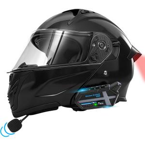 Bluetooth Modular Motorcycle Helmets with Tail Lights, DOT Certified Flip-Up Dual Visor Full Face Helmets for Men & Women Moto ATV UTV Snowmobile ADV Four Wheeler Street Bike (Glossy Black, L)
