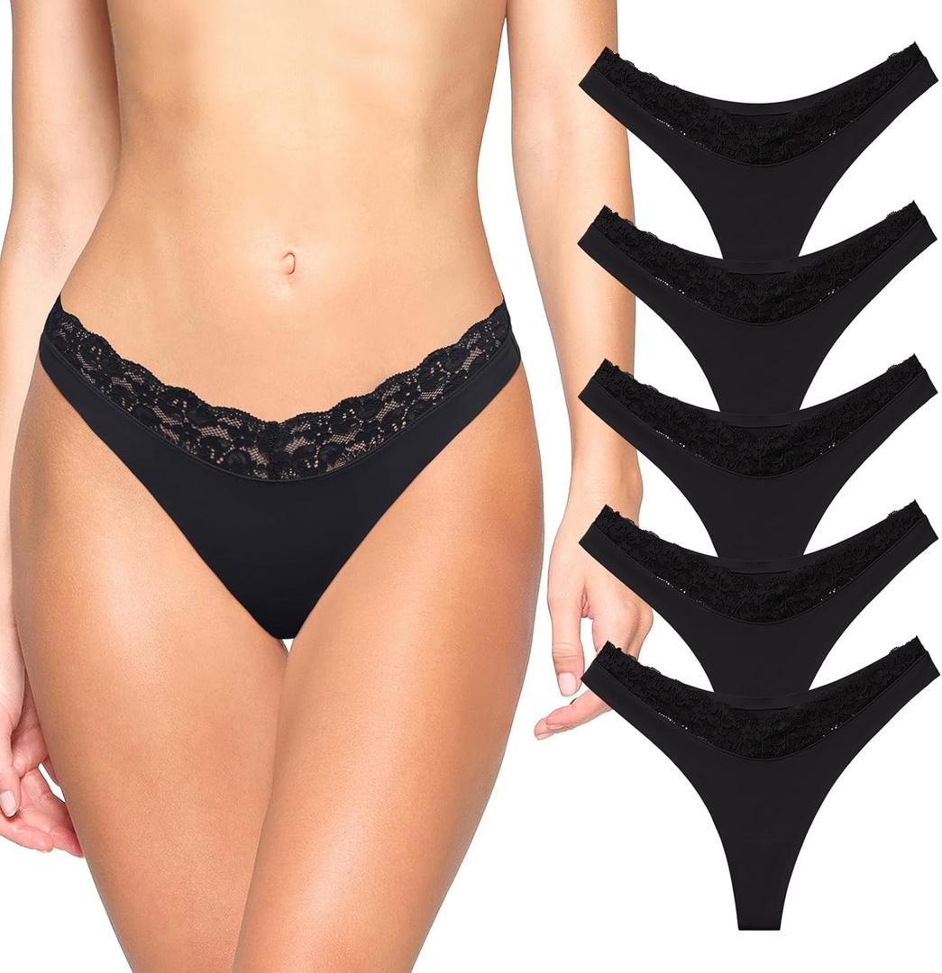 REORIA Womens Sexy Lace Seamless Thongs Panties for Women Cheeky No Show Breathable Underwear 5-Pack (Medium)