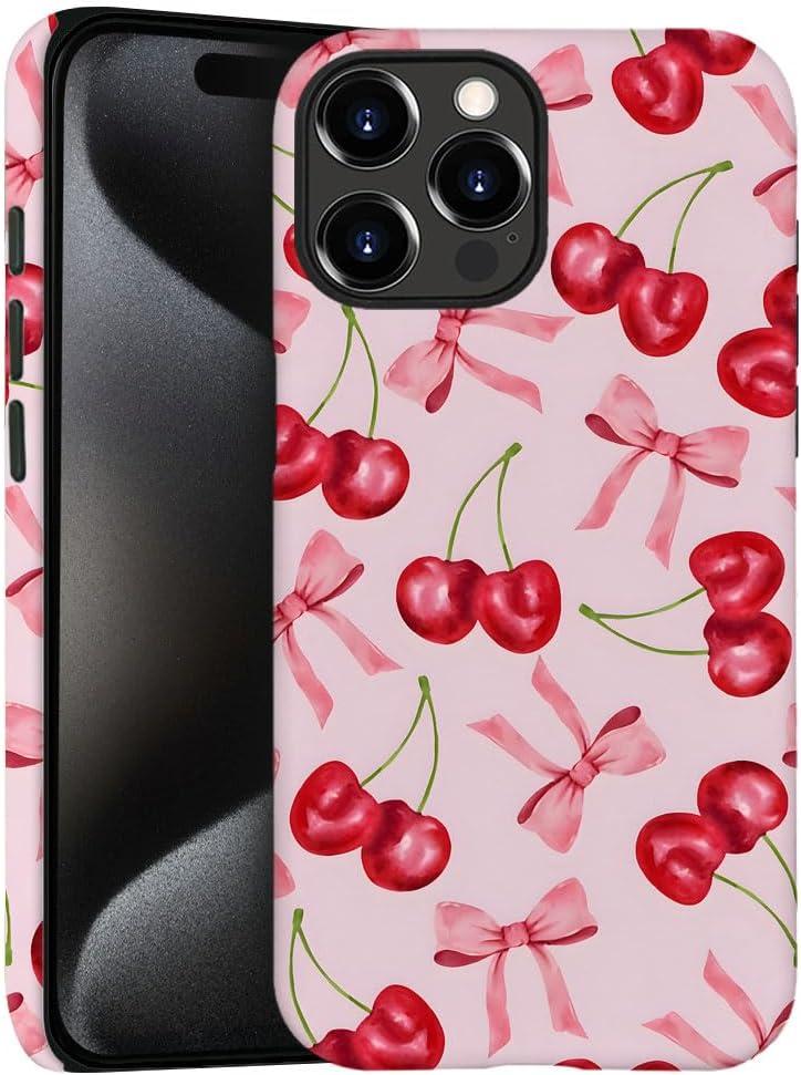 Generic Case for iPhone 16 Pro Max - [Drop Protection Phone Cover] - Hybrid Case for Girl Women - Cherry Ribbon Bow Fruit Pink
