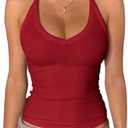 Danysu V Neck Racer Back Tank Top for Women Padded Ribbed Long Tank Fitted Basic Cami Tops, L