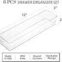STORi SimpleSort 6-Piece Stackable Clear Drawer Organizer Set | 12" x 3" x 2" Rectangle Trays | Narrow Makeup Vanity Storage Bins and Office Desk Drawer Dividers | Made in USA