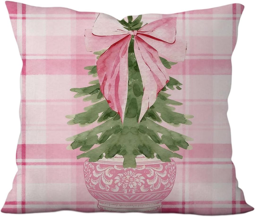 2 x Pink Chinoiserie Christmas Tree Pillow Covers 18x18, Grandmillennial Christmas Decor, Preppy Pink Bow Xmas Tree Plaid Decorative Pillow Covers for Bedroom Living Room Home