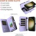 Asuwish Phone Case for Samsung Galaxy S23 Ultra 5G Zipper Wallet Detachable Cell Cover with Tempered Glass Screen Protector Strap Flip Card Holder Slot S23Ultra 23S S 23 23Ultra 6.8 inch Women Purple