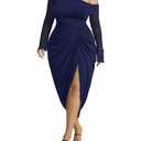 WDIRARA Women's Plus Size Off Shoulder Bodycon Dress Mesh Long Sleeve Ruched Split Midi Dresses Deep Blue XX-Large Plus