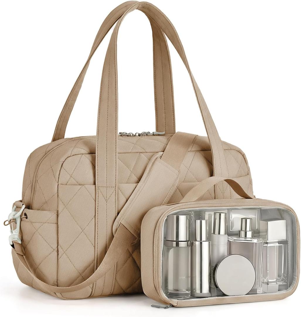 Percover Weekender Bag for Women, Ultra Lightweight Travel Duffle, Carry On Personal Item Overnight Bag with Toiletry Pouch & Compartments, Quilted Gym & Travel Bag, Camel Tan