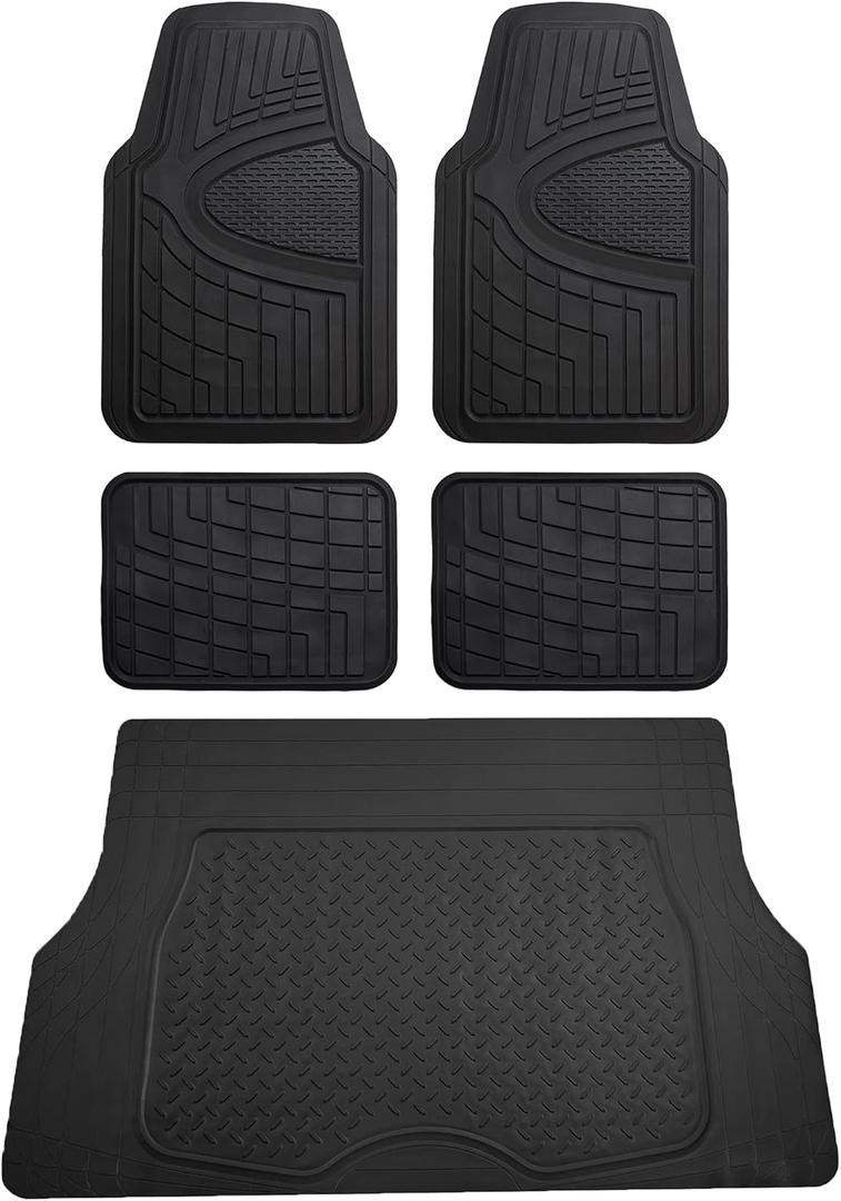 FH Group Premium Liners Tall Channel Trimmable All Weather Rubber Full Set Car Floor Mats (Black) w. Trimmable All-Season Cargo Liner (Black) - Universal Fit for Cars Trucks and SUVs