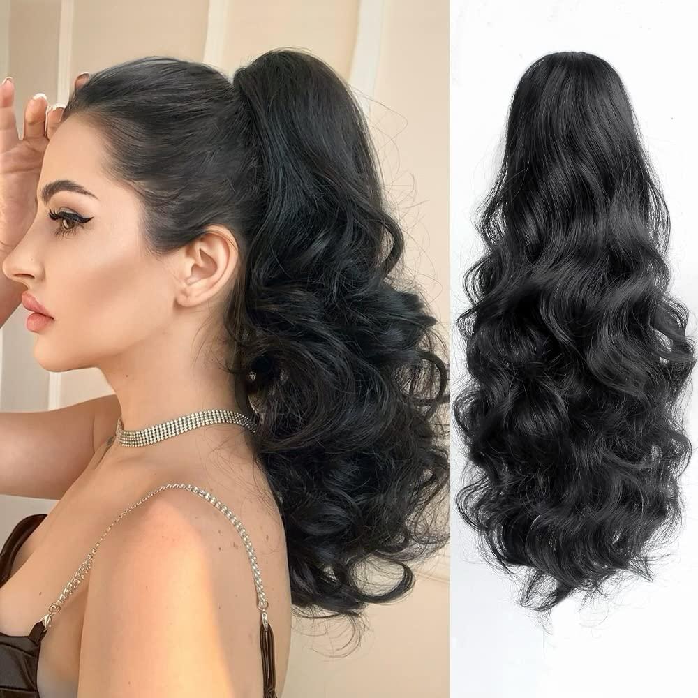 Natural Black Claw Ponytail Extension Wavy 16" Synthetic Curly Fake Clip in Extensions Wig Hair Pieces Fluffy Not Easily Knotted Clips on Ponytails for Women Wedding Party Daily Use 6 Oz