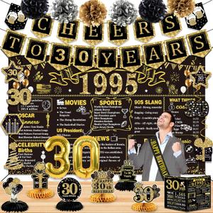 30th Birthday Decorations for Men Women,24PCS 1995 Banner Decorations,Including Banner,6 Honeycomb Topper,30 Balloons,Cheers to 30 Years Banner,7 Hanging Swirl,6 Paper Poms,Anniversary Card,Sash