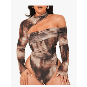 Floerns Women's Plus Size Tie Dye Asymmetrical Neck Long Sleeve T Shirts Bodysuit Tops Size XL
