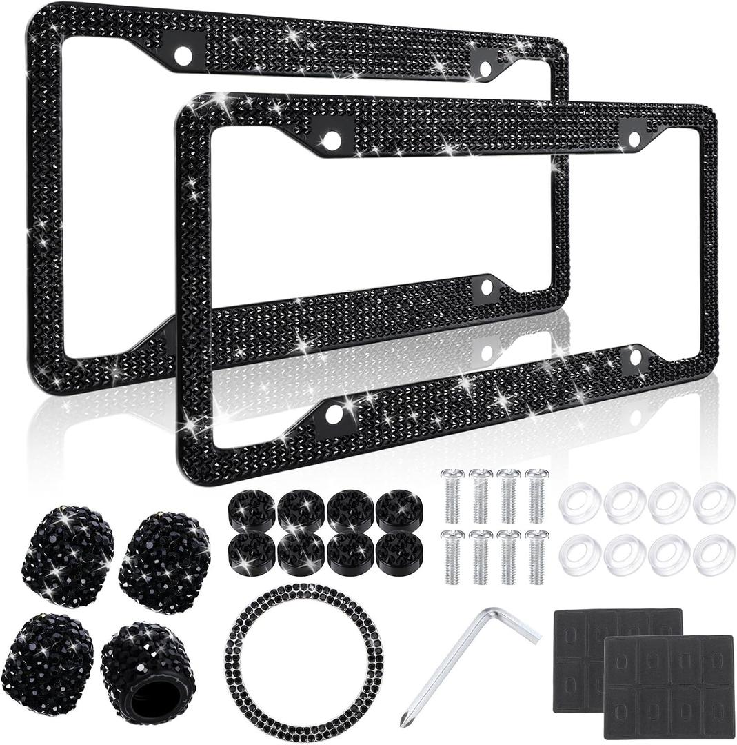 Timtin 2 Pcs Bling License Plate Frame Sparkly Rhinestone Diamond Accessories Stainless Steel Front License Plate Cover with Bling 4 Crystal Tire Valve Caps 1 Start Ring Sticker (Black)