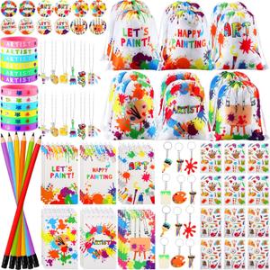 Jenaai 102 Pcs Art Paint Party Favor Supplies Set Gift Includes 12 Drawstring Backpacks 12 Bracelets 12 Badges 12 Keychains 18 Spiral Notepads 12 Pencils 12 Stickers 12 Necklaces