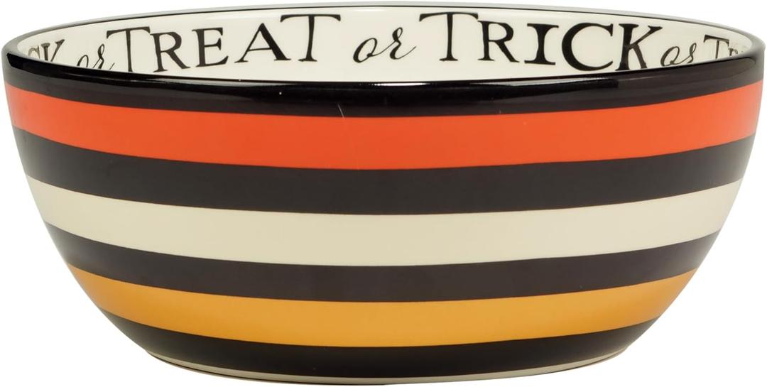 Spooky Halloween Deep Bowl  110 oz. Large Ceramic Bowl with Colorful Stripes and 'Trick or Treat' Interior Rim  Festive Halloween Serveware for Salads, Popcorn, Candy & Party Snacks
