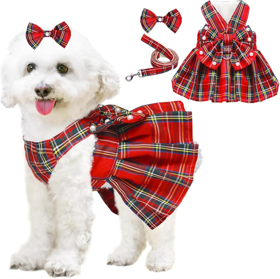 Dog Dress Bowknot Harness Leash Set for Small Dogs Girl Cute Plaid Dog Dress Pearls Bow Tie Spring Summer Princess Clothes Birthday Holiday Doggie Outfits for Puppy Cats Girl Apparel (Red, Small)