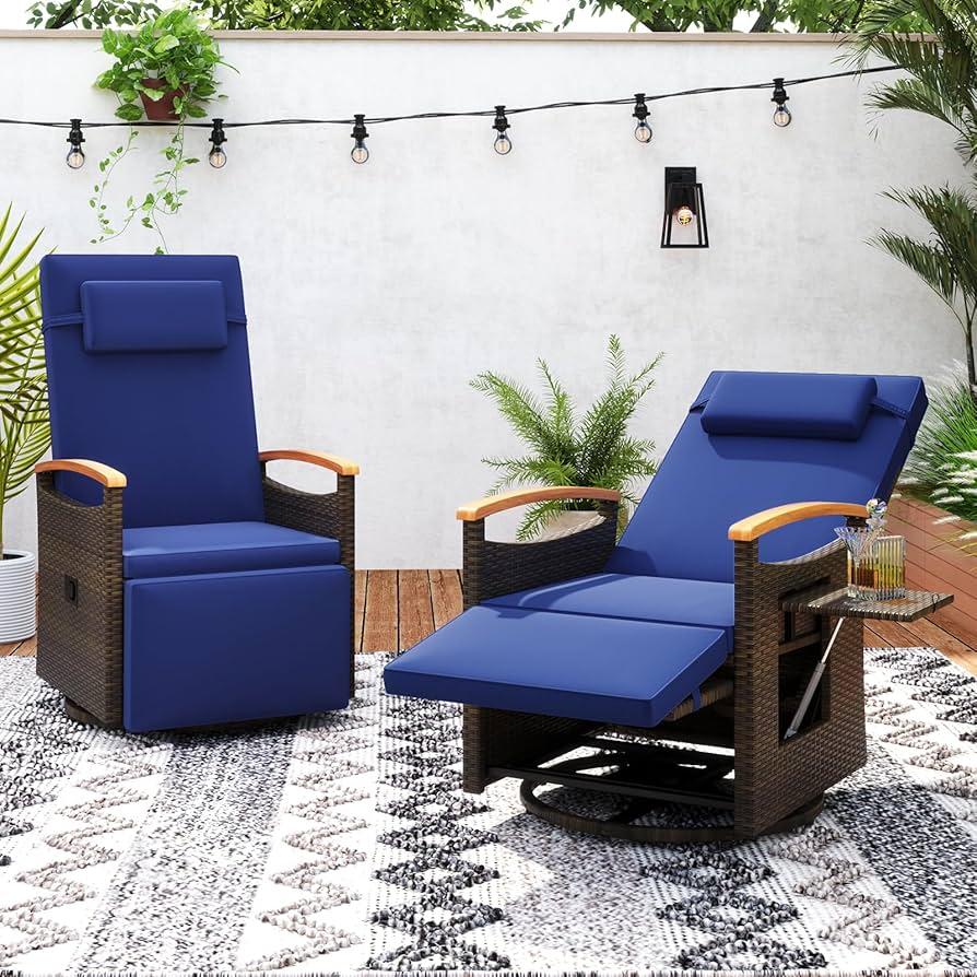 RELAX4LIFE Swivel Outdoor Recliner Chair - Wicker Rattan Chaise Lounge w/Adjustable Back & Footrest, Acacia Wood Armrests, Flip Side Table, Cushion, Reclining Patio Chairs for Porch Balcony (1, Beige)