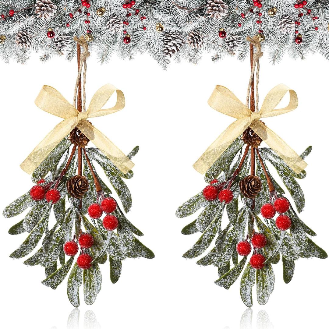 Giegxin 2 Piece Christmas Artificial Mistletoe Ornament with Red Bow Christmas Hanging Mistletoe Decoration Bouquet Floral Natural Pine Cones Holiday Decoration Ornament Bouquet (Gold Style)