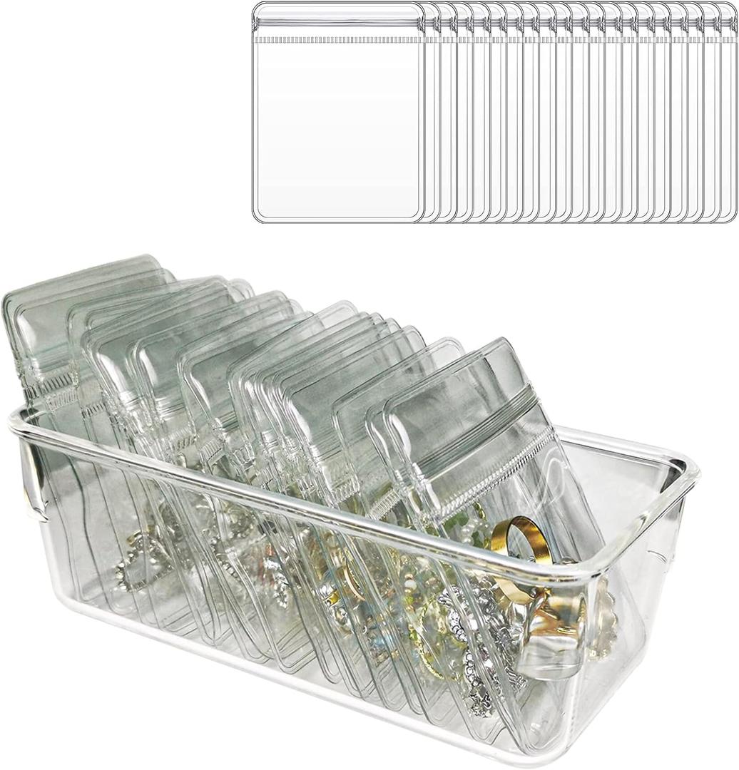 Jewelry Organizers for Women, Clear Acrylic Drawer Organizer Box with 15 Middle Bags for Necklace, Ring, Screw Individually Packaged, Easy to Carry