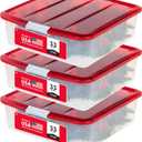 IRIS USA 33 Qt. Holiday Wreath Storage Container Box with Lid, 3-pack, Stackable Under Bed Storage Organizer Bin with Latching Buckles for 20" Wreaths Festive Holiday Decorations Garlands, Clear/Red