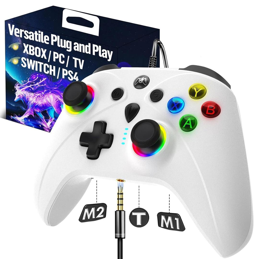 UGAME Wired Xbox Controller for X Box Series X S One PC PS4 Switch, Gaming Control Controllers with 1000Hz Polling Rate No Drift Stick, Custom Paddles Turbo Remote, RGB Light White Gamepad