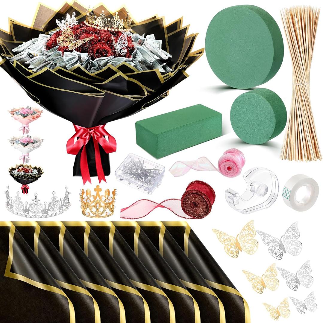Bouquet Kit 20 Sheet Flower Wrapping Paper 100 Pcs Bamboo Skewers Floral Foam Blocks for Anniversary Birthday Gift Graduation Mother's Day(Black)