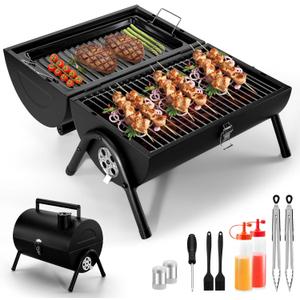 Portable BBQ Charcoal Grill, Joyfair Small Folding Tabletop Barbecue Smoker, 2-IN-1 2-Sided Carbon Grills with Tray, Rack, BBQ Tools, for Outdoor Camping Patio Picnic, Heavy Duty (230Sq.in), 11 PCS Portable BBQ Charcoal Grill, Joyfair Small Folding Tabletop Barbecue Smoker, 2-IN-1 2-Sided Carbon Grills with Tray, Rack, BBQ Tools, for Outdoor Camping Patio Picnic, Heavy Duty (230Sq.in), 11 PCS