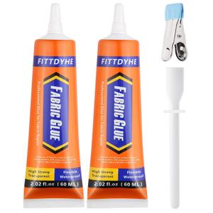 2 Pack Fabric Glue Permanent, 60ML/2.02oz Washable Clear Clothing Glue, Super Fabric Adhesive for Rhinestones, Patches, Clothes, Denim, Leather, Polyester, Fabrics, Doll Repair, Flannel, Cotton