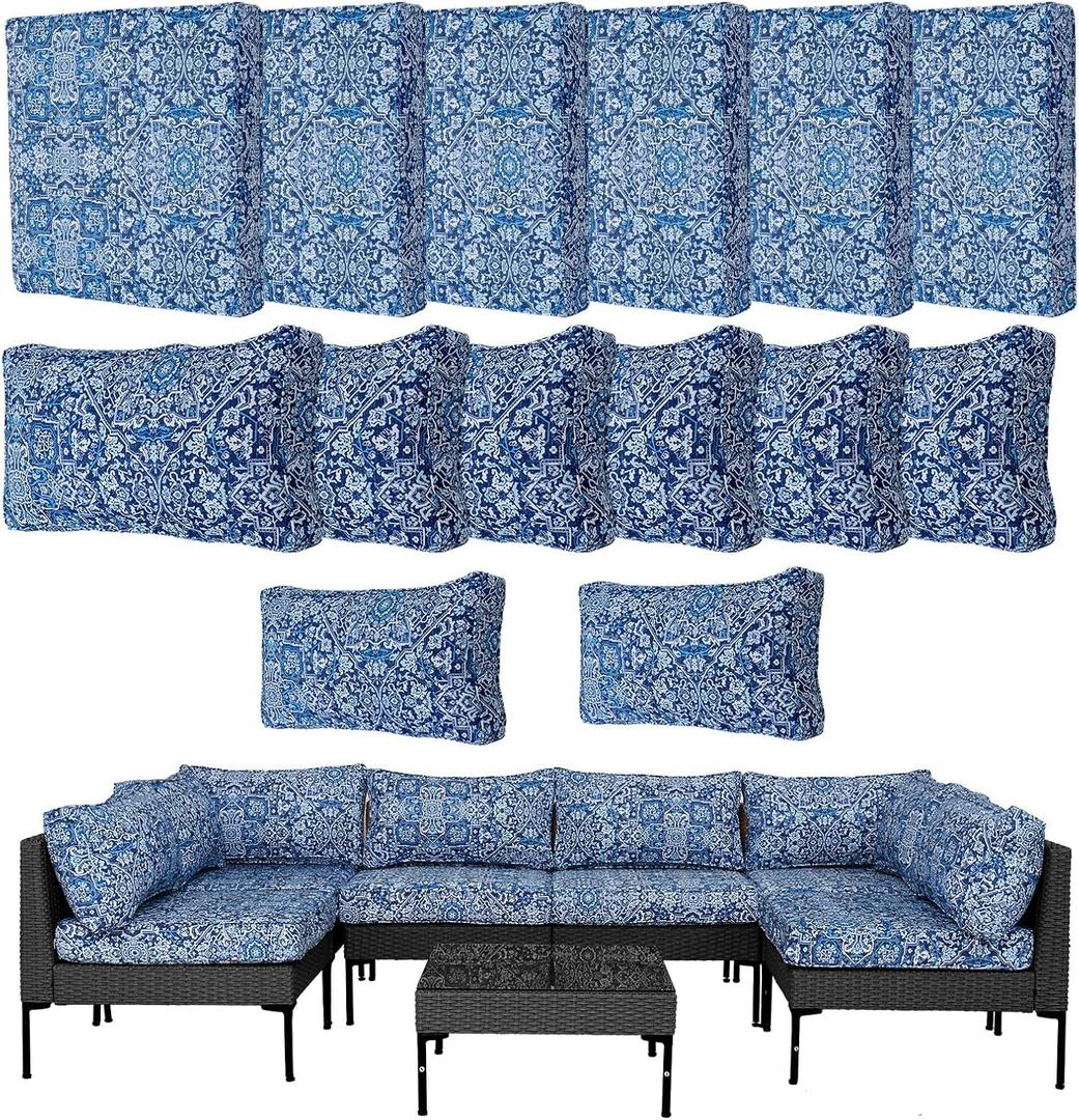 14Pcs Outdoor Cushion Covers Replacement Washable Waterproof UV w/Zipper for 6-Seaters Sofa Patio Slipcovers Set Seat and Back Covers Only (Blue Charming, 25.6x25.6inch)