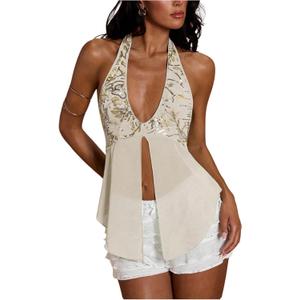 Verdusa Women's Sequin Beaded Boho Halter Tops Rave Club Tie Backless Babydoll Tops, Small, Apricot 