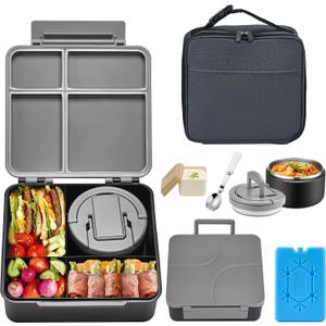 Bento Lunch Box with 8oz Soup Thermo,Kids Leakproof 4 Compartment Lunch Food Containers with Sauce Cup and Ice Pack,Kids Thermo Insulated Hot Food Jar and Lunch Bag for School,Trvael-Black