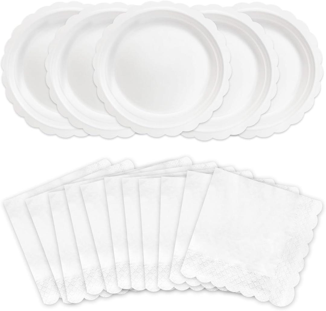 100 Pcs White Paper Plates and Napkins, 50 Pcs Guest White Party Supplies Including Scalloped Plates and Napkins for Independence Day Weddings, Parties