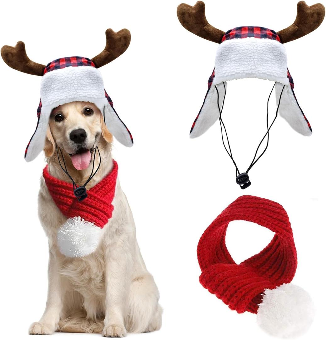 Christmas Antler Check Dog Santa Hat and Xmas Pet Red Knit Scarf with White Pompom Ball - Winter Neck Warmer and Festive Party Dress-up for Pets (Large)