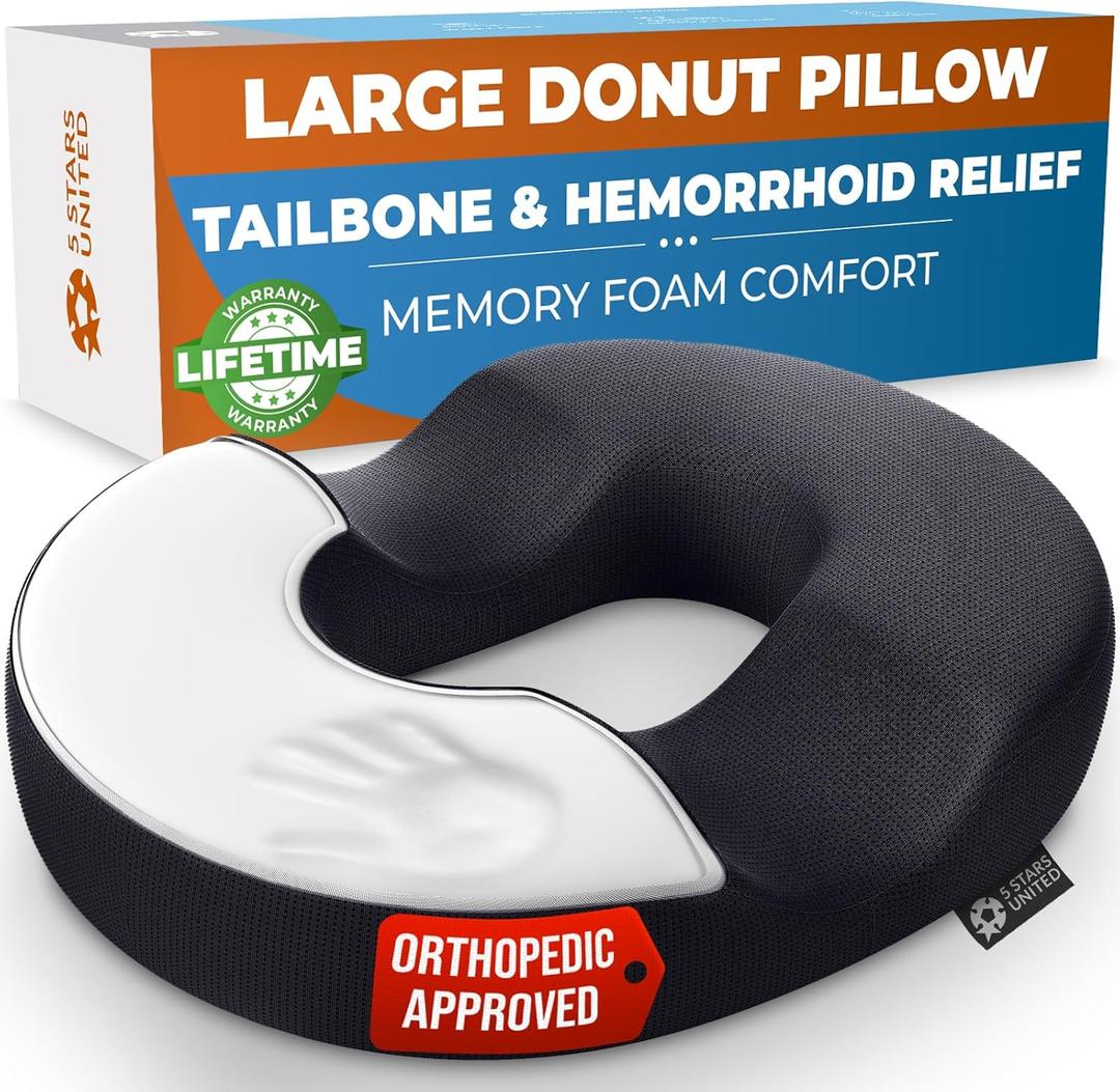 5 STARS UNITED Donut Pillow Hemorrhoid Tailbone Cushion  Large Cushion for Pain Relief  Coccyx, Prostate, Sciatica, Pelvic Floor, Pressure Sores, Pregnancy, Postpartum Recovery, Black
