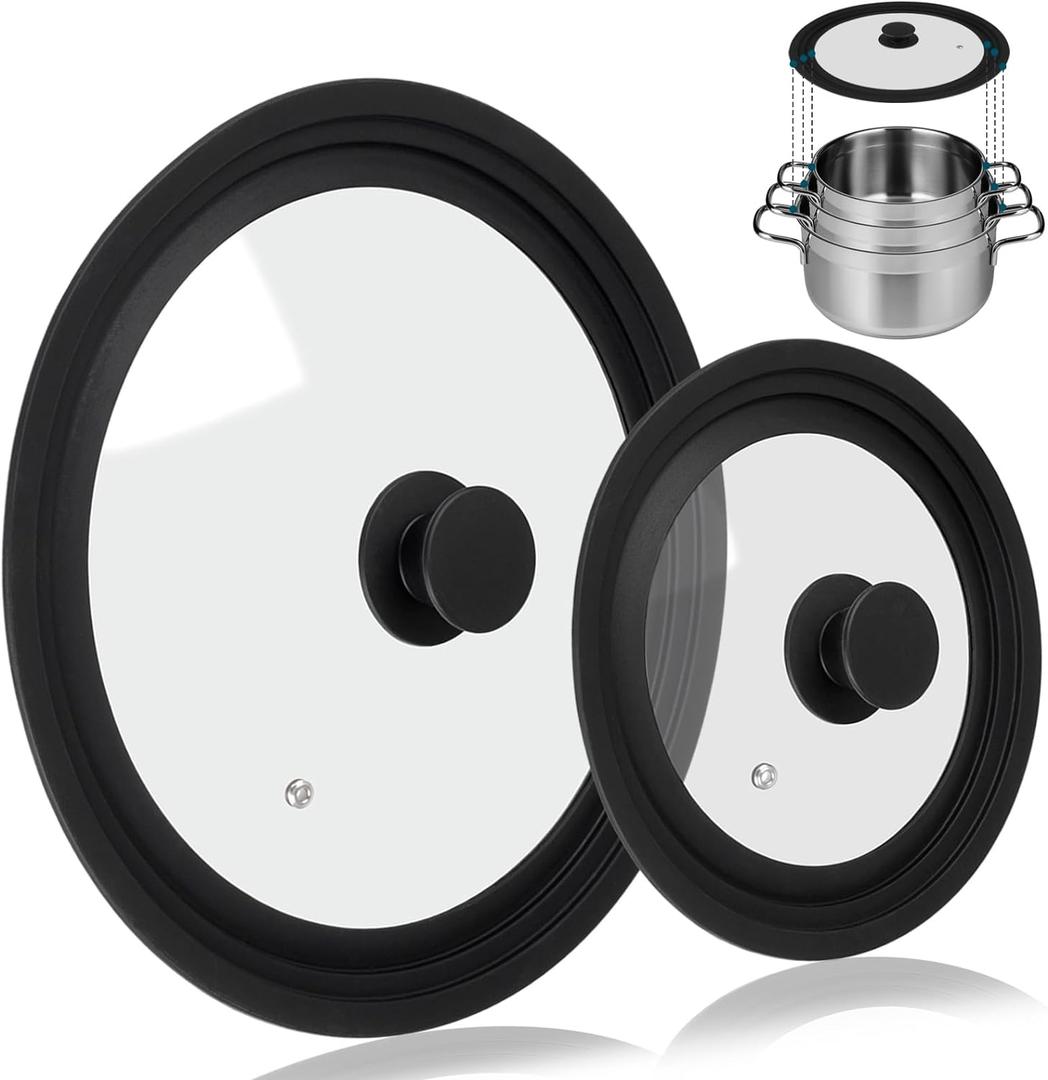 Universal Lid for Pots Pans and Skillets, 2 Pack Pan Cover fit 7", 8" 9" & 10", 11", 12" Diameter Cookware, Silicone Replacement Pan Lid Pot Lids for Frying Pans, Cast Iron,Tempered Glass Lid