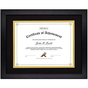 Golden State Art, 11x14 Diploma Frame for 8.5x11 Document & Certificates, Solid Wood, Real Glass (Black with Black/Gold Double Mat, 1 Pack)