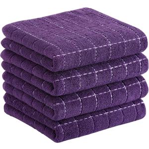 Homaxy 100% Cotton Terry Kitchen Towels(Purple, 13 x 28 inches), Checkered Designed, Soft and Super Absorbent Dish Towels, 4 Pack